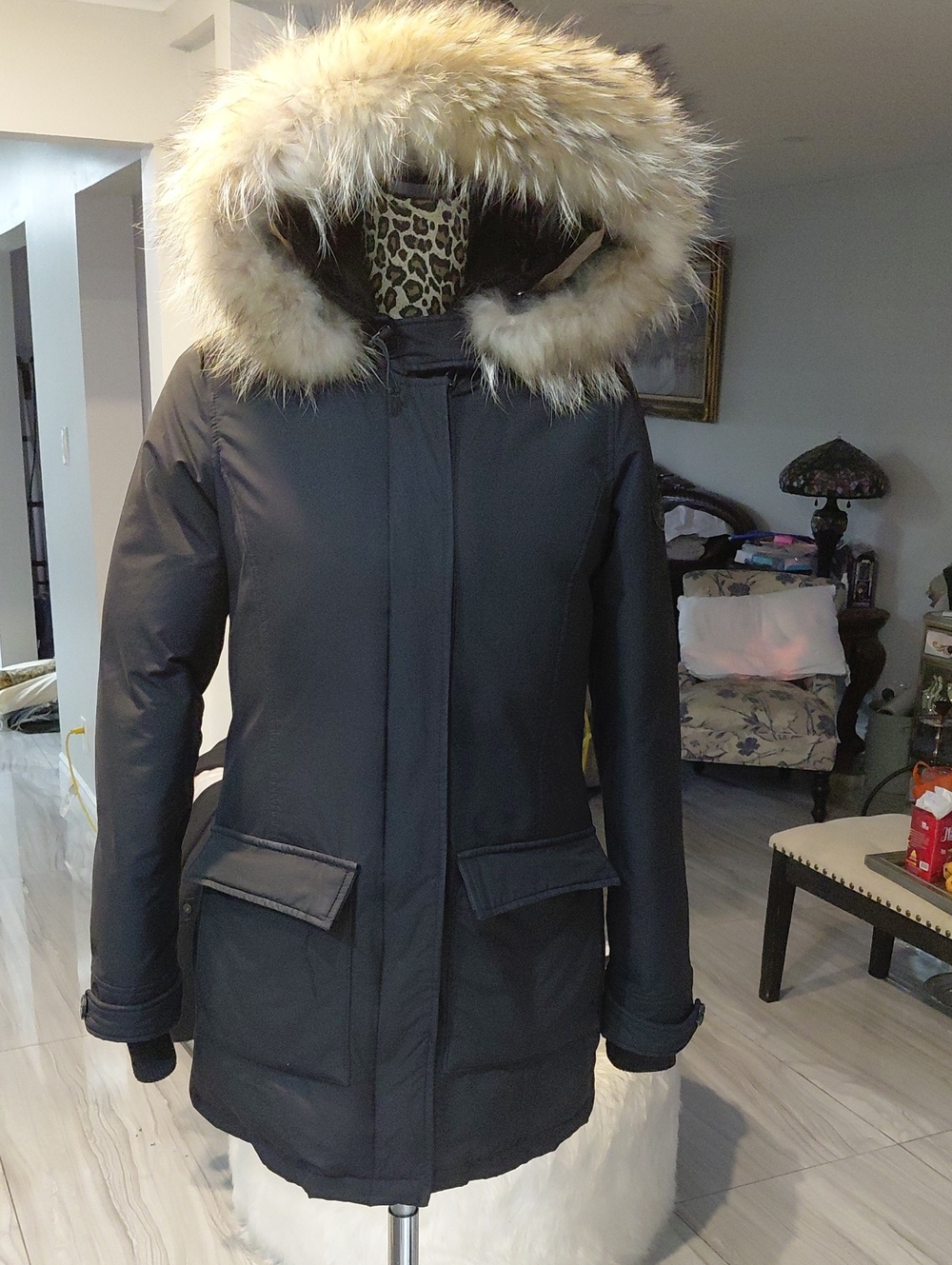 Women’s Black Parka Coat with Real Fur Trim